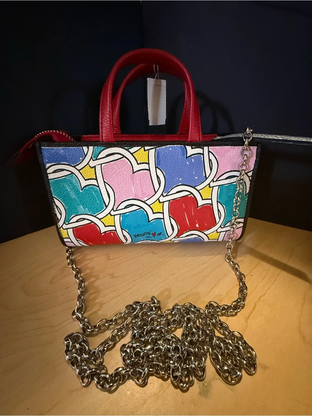 Multicolor Heart Print Mini Tote with Red Handles
